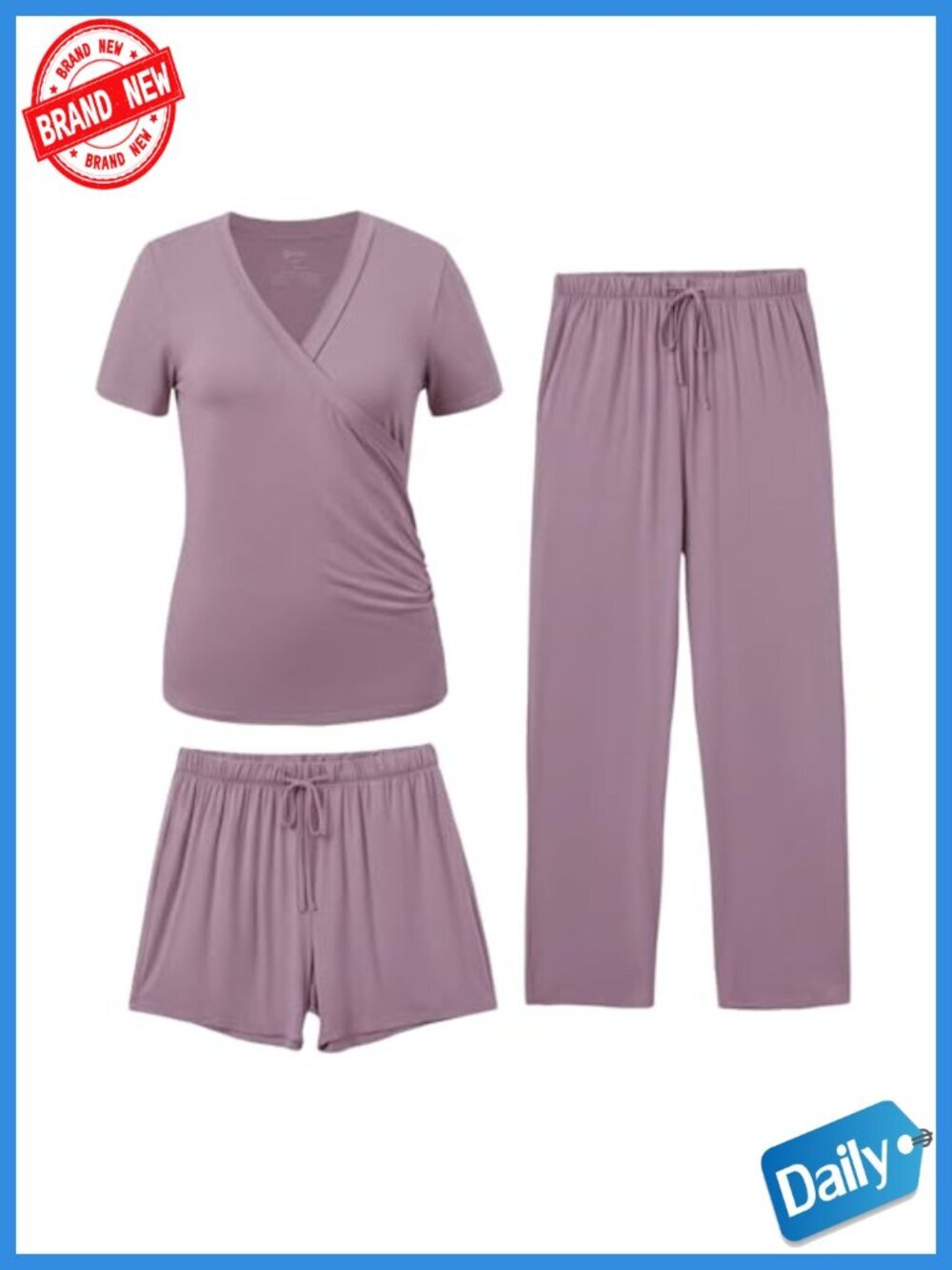 3-Piece Nursing PJ Set Viscose Spandex V-Neck Lounge Sleepwear Pockets